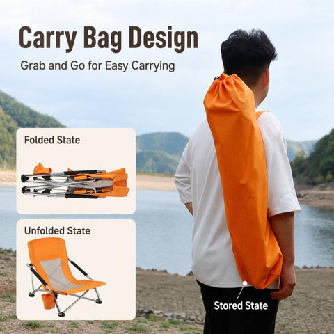 Folding Beach Chair Picnic Camping Lawn Lounge Seat With Breathable Mesh Back and Cup Holder