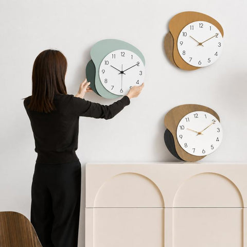wozoom Modern Wall Clock Silent Wooden Living Room Decorative Clock, Light Brown, Natural Wood Color, Green, Red, White