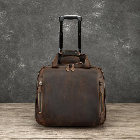 MASIWEI Vintage Leather Rolling Briefcase 16 inch Carry On Luggage With Laptop Compartment