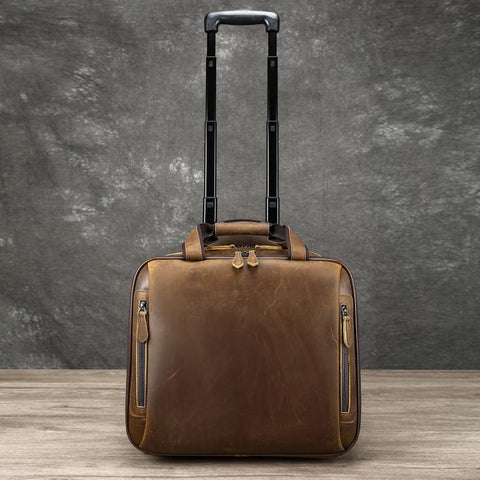 MASIWEI Vintage Leather Rolling Briefcase 16 inch Carry On Luggage With Laptop Compartment