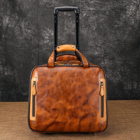 MASIWEI Vintage Leather Rolling Briefcase 16 inch Carry On Luggage With Laptop Compartment