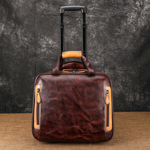 MASIWEI Vintage Leather Rolling Briefcase 16 inch Carry On Luggage With Laptop Compartment