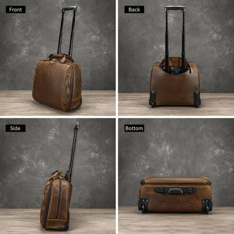 MASIWEI Vintage Leather Rolling Briefcase 16 inch Carry On Luggage With Laptop Compartment
