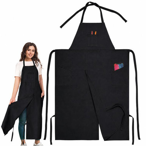 Split Leg Canvas Work Apron Multi-Pocket Adjustable Halter Neck Utility Apron With Leg Straps