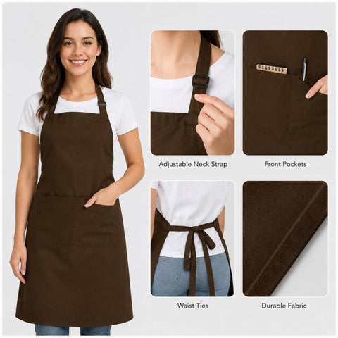 Polyester Bib Apron with Pockets Adjustable Neck Strap Water Resistant Chef Apron