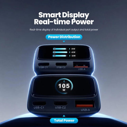 Toocki 105W USB-C Car Charger 3-Port 1xUSB-A & 2xUSB-C with Color LCD Power Display, C46