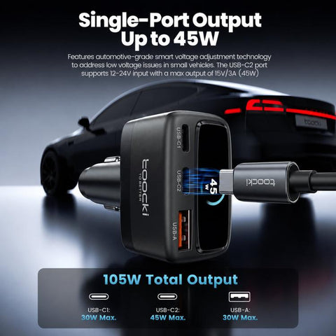 Toocki 105W USB-C Car Charger 3-Port 1xUSB-A & 2xUSB-C with Color LCD Power Display, C46