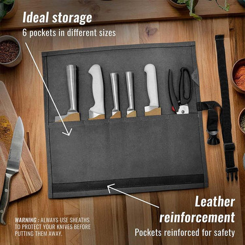Canvas Roll Bag With 6 Pockets BBQ Knife Utensil Holder Camping Tool Organizer