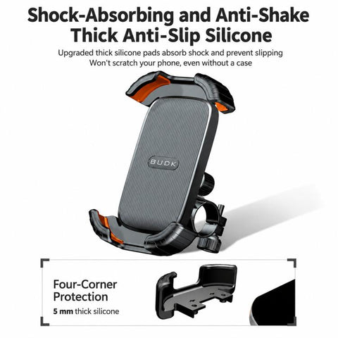 BUDK T02 Thickened Retractable Motorcycle Phone Holder Shockproof Bicycle Navigation Mount For Outdoor Riding, Rearview Mirror Black, Rearview Mirror Black Orange, Handlebar Black, Handlebar Black Orange