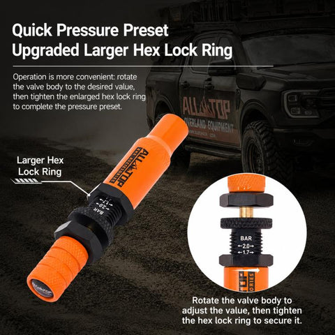 Tire Deflator Kit 10-30 PSI Auto-Stop Brass Tire Relief Valve, Orange