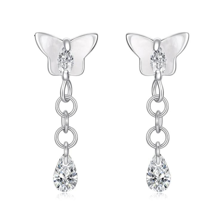 S925 Silver Earring Studs With White Gold Plated Copper Butterfly Teardrop Tassel Earrings, YIE342
