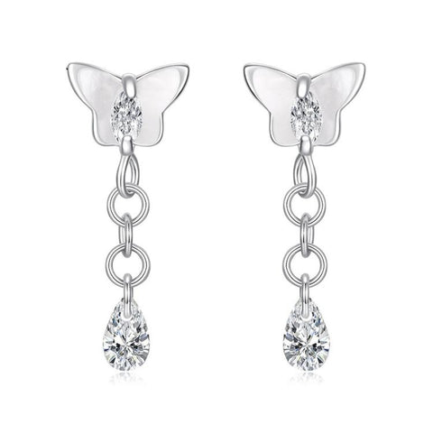 S925 Silver Earring Studs With White Gold Plated Copper Butterfly Teardrop Tassel Earrings, YIE342
