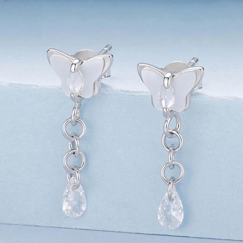 S925 Silver Earring Studs With White Gold Plated Copper Butterfly Teardrop Tassel Earrings, YIE342