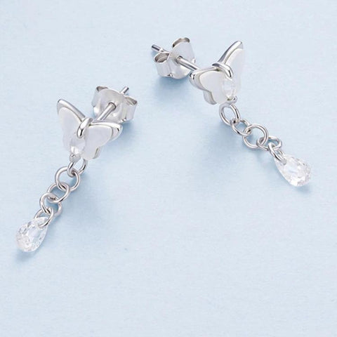 S925 Silver Earring Studs With White Gold Plated Copper Butterfly Teardrop Tassel Earrings, YIE342