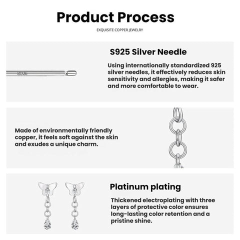 S925 Silver Earring Studs With White Gold Plated Copper Butterfly Teardrop Tassel Earrings, YIE342