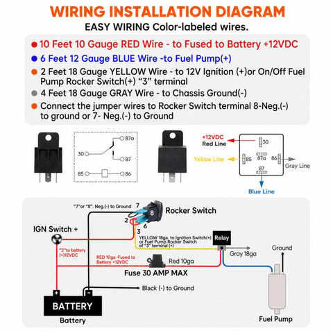 60A 12V Electric Fuel Pump Waterproof Relay Kit Fuel Pump Rocker Switch Wiring Harness Set
