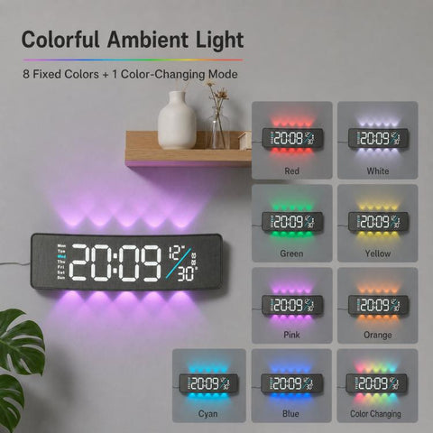 Curved Digital LED Wall Clock With RGB Ambient Backlight / Dual Alarms / Countdown Timer