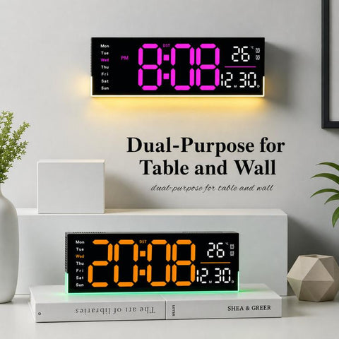12.6 Inch LED Desk Clock Large Digital Wall Clock With RGB Ambient Light Temp / Date / Week / DST / Timer