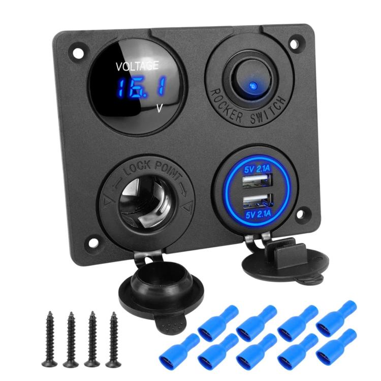 Cigarette Lighter Voltmeter 4.2A Dual USB Car Four-hole Panel Switch, Blue Wireless, Green Wireless, Red Wireless, Blue Wired, Green Wired, Red Wired