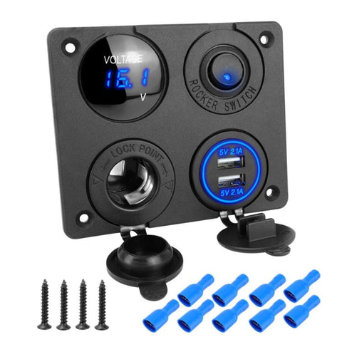 Cigarette Lighter Voltmeter 4.2A Dual USB Car Four-hole Panel Switch, Blue Wireless, Green Wireless, Red Wireless, Blue Wired, Green Wired, Red Wired