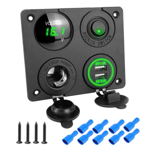 Cigarette Lighter Voltmeter 4.2A Dual USB Car Four-hole Panel Switch, Blue Wireless, Green Wireless, Red Wireless, Blue Wired, Green Wired, Red Wired