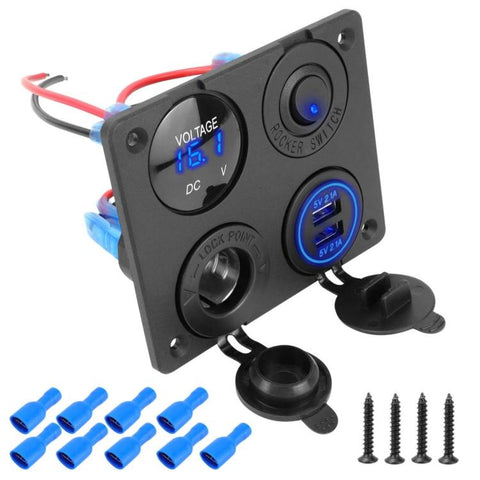 Cigarette Lighter Voltmeter 4.2A Dual USB Car Four-hole Panel Switch, Blue Wireless, Green Wireless, Red Wireless, Blue Wired, Green Wired, Red Wired