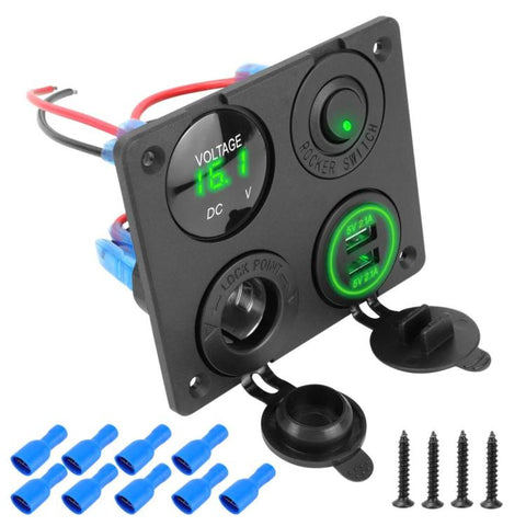 Cigarette Lighter Voltmeter 4.2A Dual USB Car Four-hole Panel Switch, Blue Wireless, Green Wireless, Red Wireless, Blue Wired, Green Wired, Red Wired