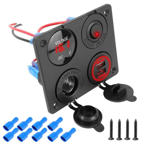 Cigarette Lighter Voltmeter 4.2A Dual USB Car Four-hole Panel Switch, Blue Wireless, Green Wireless, Red Wireless, Blue Wired, Green Wired, Red Wired