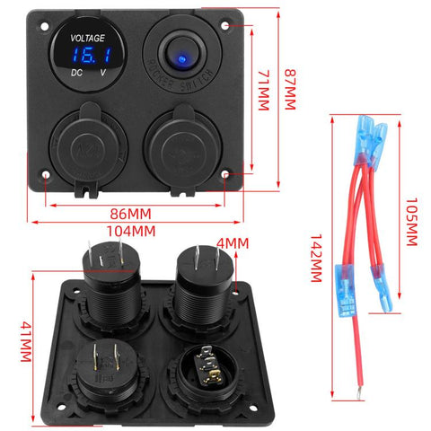 Cigarette Lighter Voltmeter 4.2A Dual USB Car Four-hole Panel Switch, Blue Wireless, Green Wireless, Red Wireless, Blue Wired, Green Wired, Red Wired