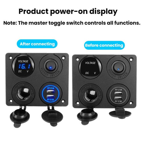 Cigarette Lighter Voltmeter 4.2A Dual USB Car Four-hole Panel Switch, Blue Wireless, Green Wireless, Red Wireless, Blue Wired, Green Wired, Red Wired