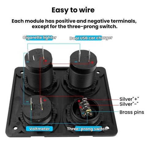Cigarette Lighter Voltmeter 4.2A Dual USB Car Four-hole Panel Switch, Blue Wireless, Green Wireless, Red Wireless, Blue Wired, Green Wired, Red Wired