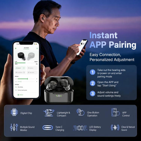 Goodmi Bluetooth Hearing Aids for Seniors App & Button Controlled Sound Amplifier with LED Display