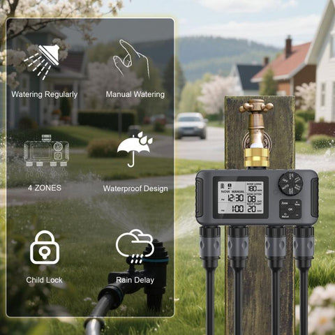 4 Zone Water Hose Timer Programmable 4 Outlet Garden Irrigation Controller with Rain Delay & Child Lock, SGW18