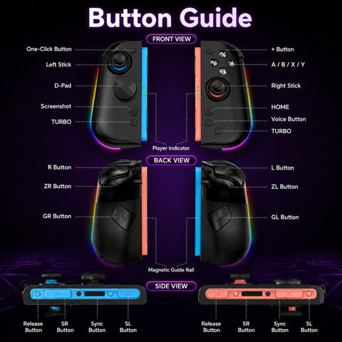 For Nintendo Switch 2 Left + Right Magnetic Controllers 9-Axis RGB Motion-Sensing Hall-Effect Joystick With Bluetooth 5.4 Wake-Up and Burst Fire Functionality