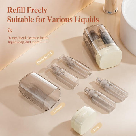 ETRAVEL 4-in-1 Travel Bottle Set Toiletry Dispenser Kit with 2 Lotion Pumps & 2 Fine Mist Sprays