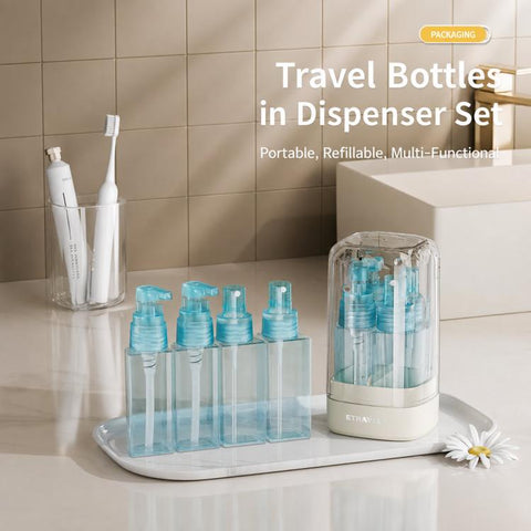 ETRAVEL 4-in-1 Travel Bottle Set Toiletry Dispenser Kit with 2 Lotion Pumps & 2 Fine Mist Sprays