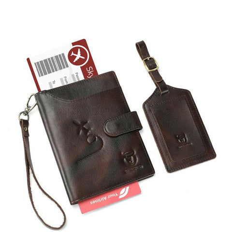 BULL CAPTAIN Genuine Leather Passport Holder with Luggage Tag Set for Men RFID Blocking Vintage Travel Wallet