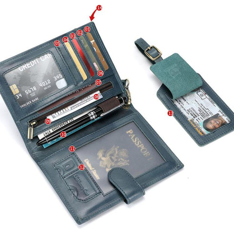 BULL CAPTAIN Genuine Leather Passport Holder with Luggage Tag Set for Men RFID Blocking Vintage Travel Wallet