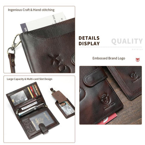 BULL CAPTAIN Genuine Leather Passport Holder with Luggage Tag Set for Men RFID Blocking Vintage Travel Wallet