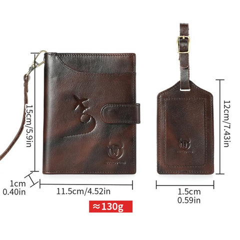 BULL CAPTAIN Genuine Leather Passport Holder with Luggage Tag Set for Men RFID Blocking Vintage Travel Wallet