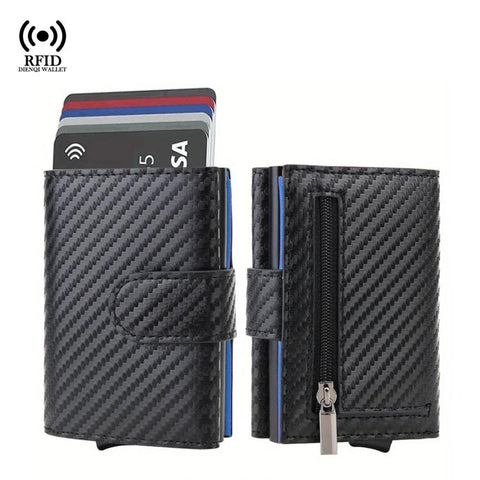 RFID Blocking Pop Up Wallet Carbon Fiber Card Holder With Coin Pocket & Money Clip