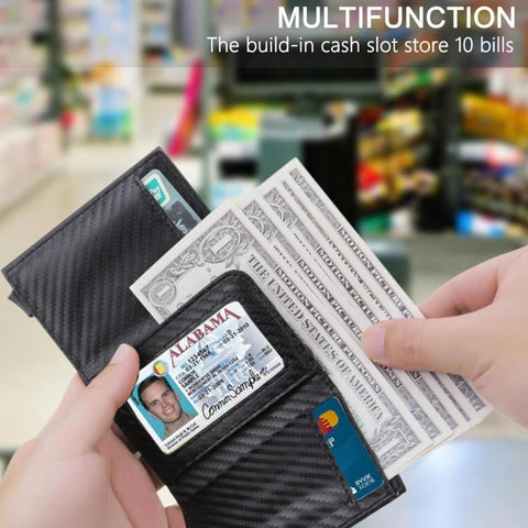 RFID Blocking Pop Up Wallet Carbon Fiber Card Holder With Coin Pocket & Money Clip