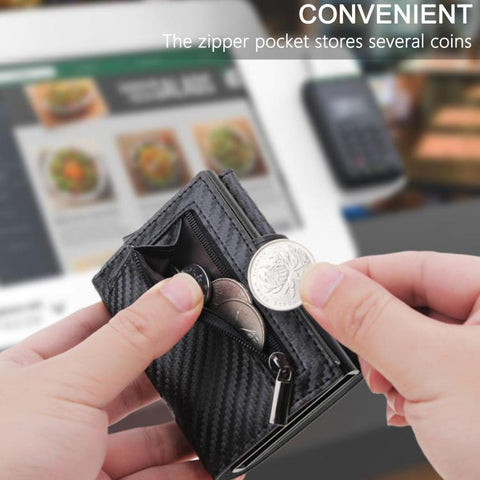 RFID Blocking Pop Up Wallet Carbon Fiber Card Holder With Coin Pocket & Money Clip
