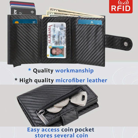 RFID Blocking Pop Up Wallet Carbon Fiber Card Holder With Coin Pocket & Money Clip