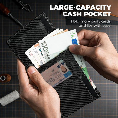 RFID Blocking Pop Up Wallet With Coin Pocket Carbon Fiber Leather Slim Credit Card Holder