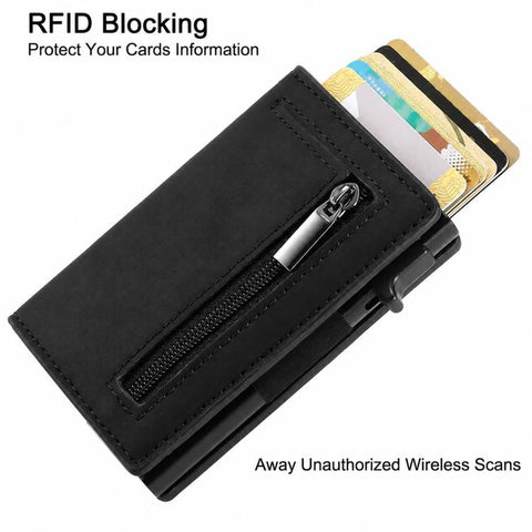 RFID Blocking Pop Up Wallet With Zipper Coin Pocket Slim Minimalist Credit Card Holder