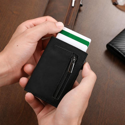 RFID Blocking Pop Up Wallet With Zipper Coin Pocket Slim Minimalist Credit Card Holder