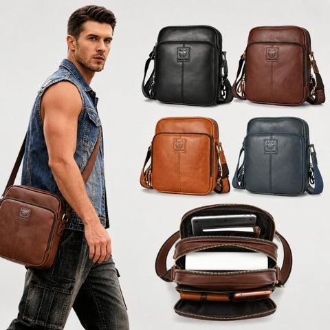 BULL CAPTAIN Genuine Leather Crossbody Bag for Men Vintage Multi-Pocket Messenger Bag