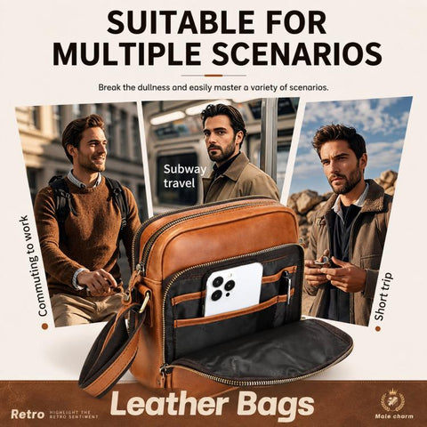 BULL CAPTAIN Genuine Leather Crossbody Bag for Men Vintage Multi-Pocket Messenger Bag