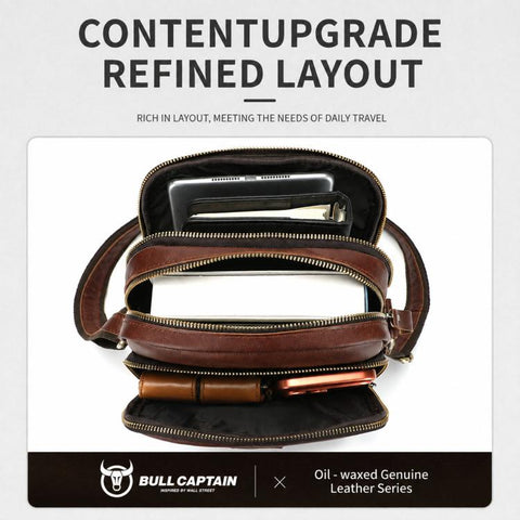 BULL CAPTAIN Genuine Leather Crossbody Bag for Men Vintage Multi-Pocket Messenger Bag